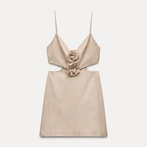Zara Tan Cutout Dress with Floral Detail - XS